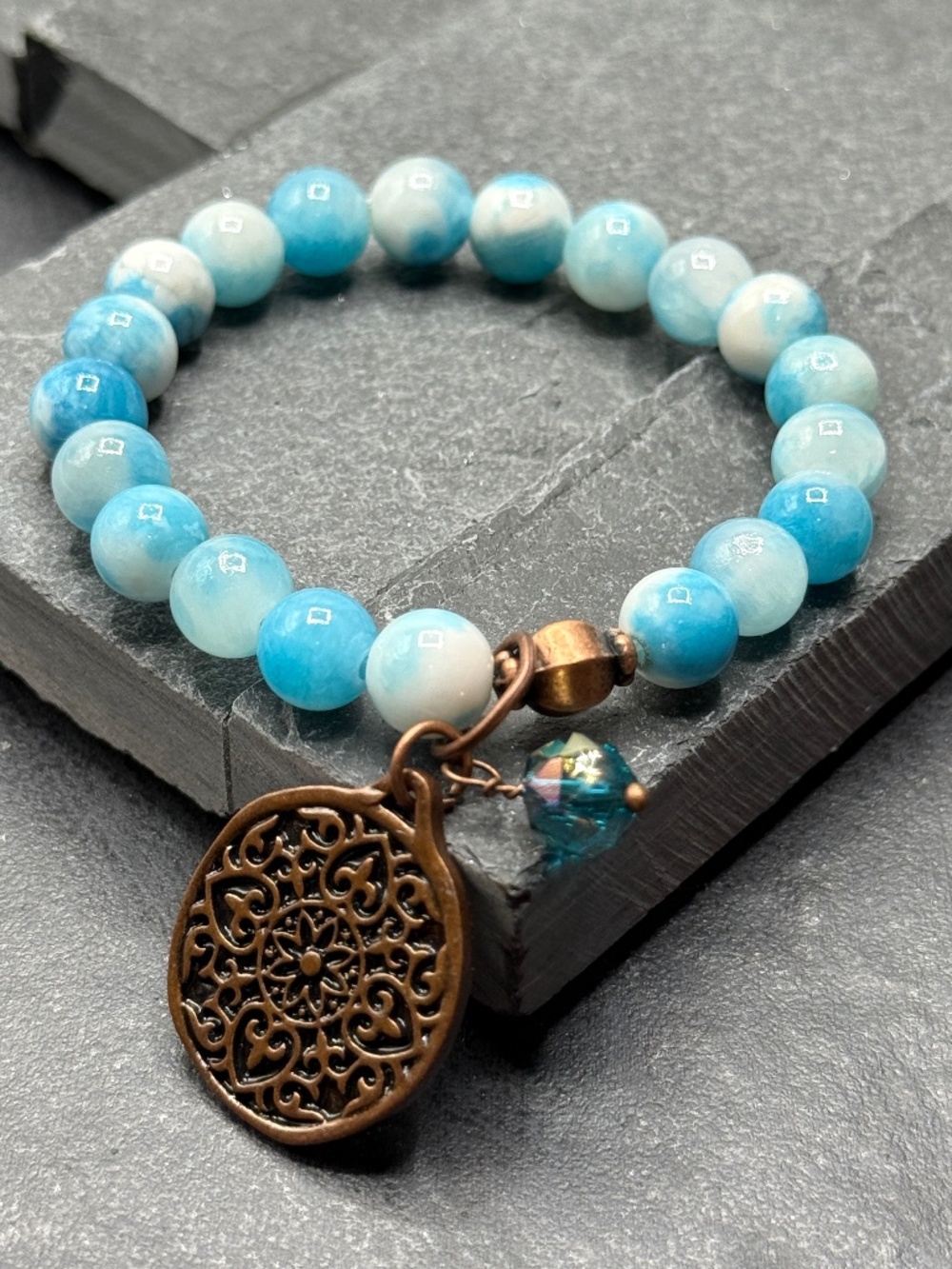 Jade Beaded Stretch Gemstone Bracelet, Bronze Charm, Blue Earth Tones, Handmade